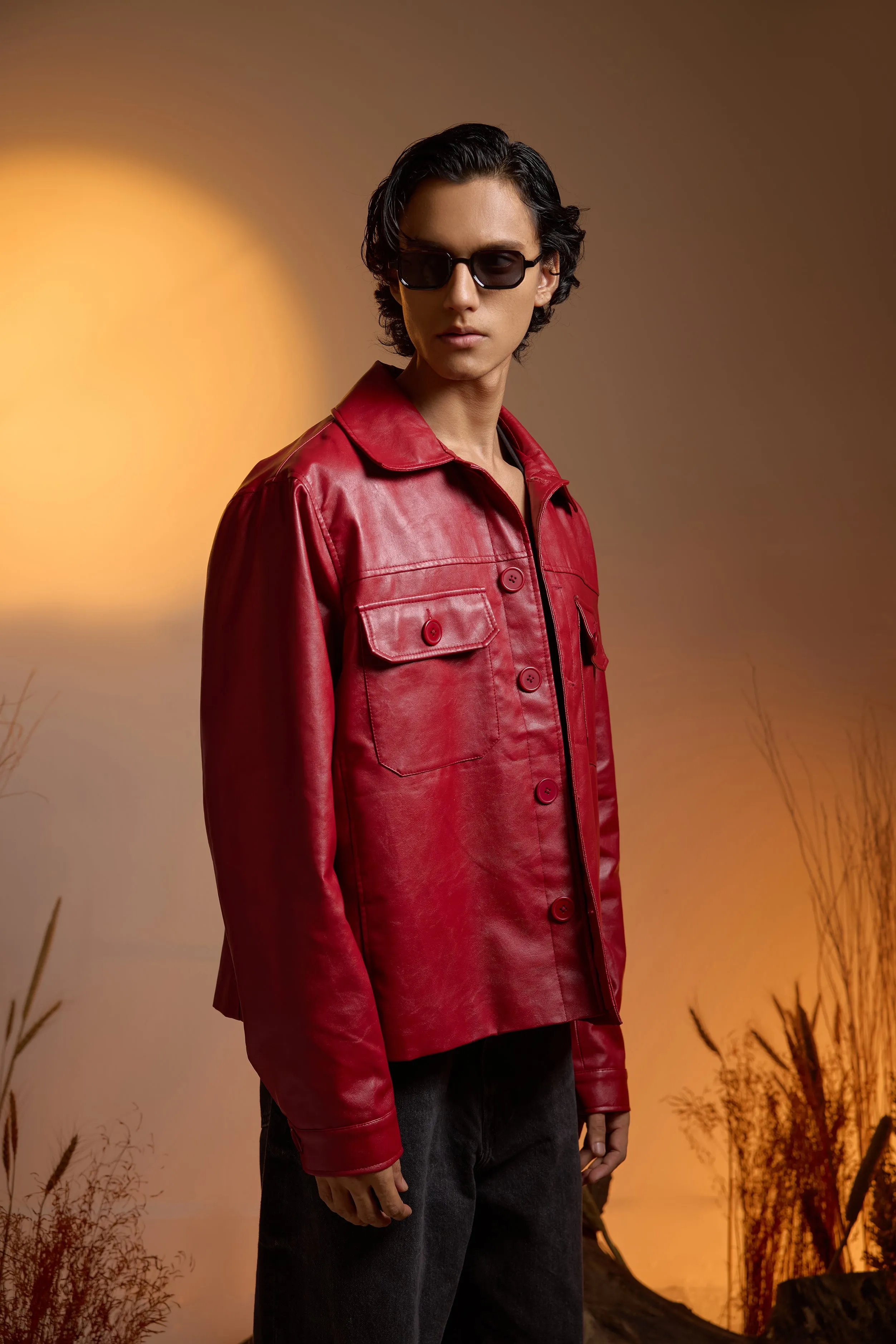 Utility Oversized Faux Leather Jacket-Cherry Red-Men