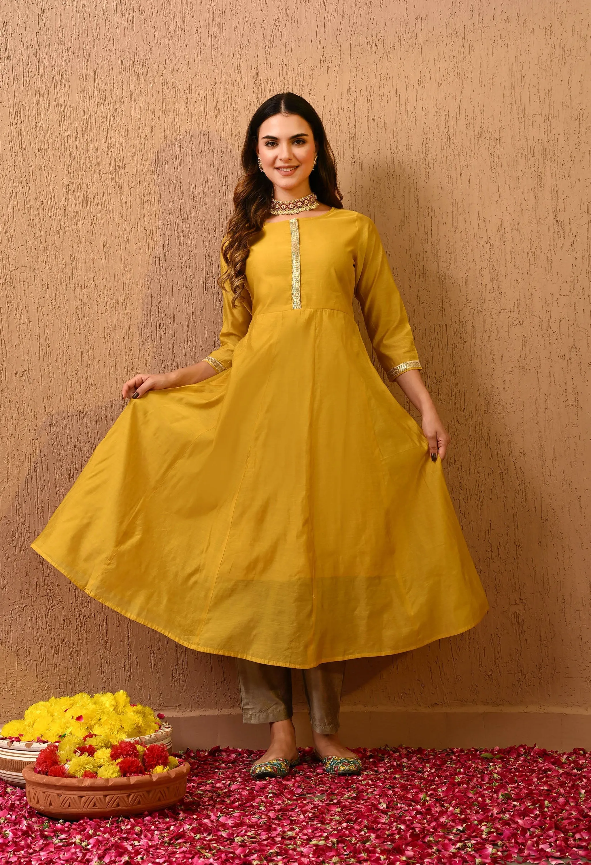 Yellow Chanderi Kurta Pant Set
