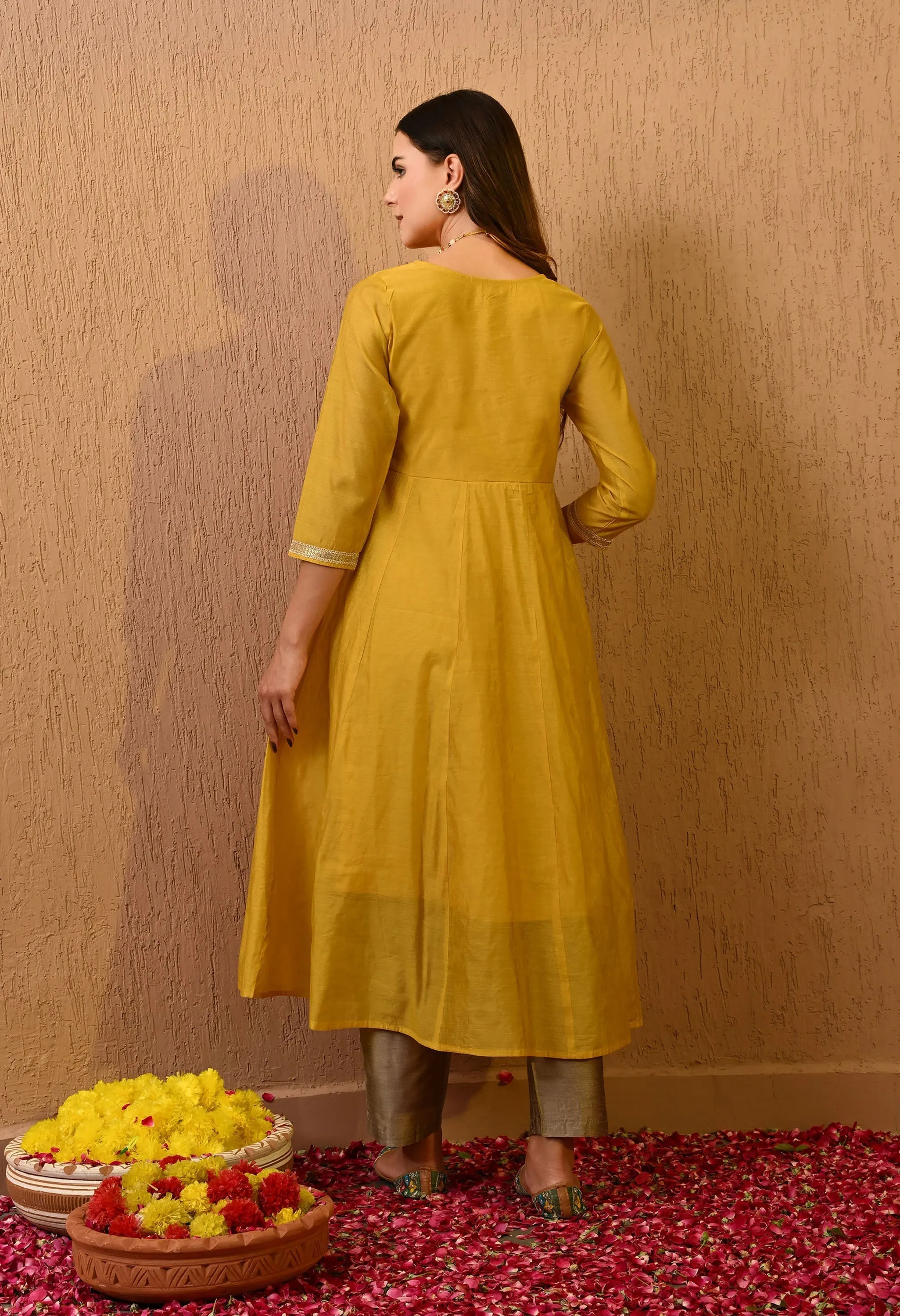 Yellow Chanderi Kurta Pant Set